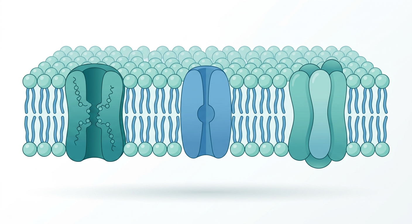 Diagram of a phospholipid bilayer with hydrophilic heads facing outward, hydrophobic tails inward, and embedded membrane proteins.